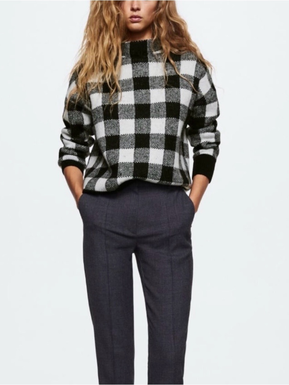 MANGO Black White Buffalo Check Mock Neck Sweater Cozy Size M